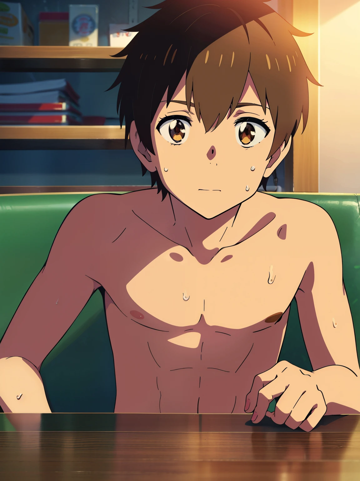 Highres, Masterpiece, Best quality at best,Best Quality,hight quality, hight detailed, Anime style, 1boy, Shota, young boy, shinkai makoto, kimi no na wa, Taki, hair between eyes,brown hair, slim body,  look at viewer,Nyotaimori, On table, Sleeping on table, underwear,(Food on his body), from the front, (very young boy), (very small and short body), simple beckground, cute boy, Uhd, bokeh, sweat