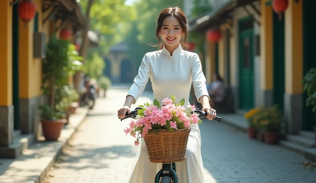 Make a photo of a Vietnamese female model wearing a white Ao Dai. Riding a bike on an old street. 50mm lens. bright. realistic. Focus your eyes well. Full shot. Make a basket and a bouquet of flowers in front of the bike. 
