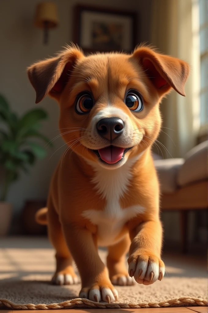 Brown dog with brown eyes getting up to mischief 