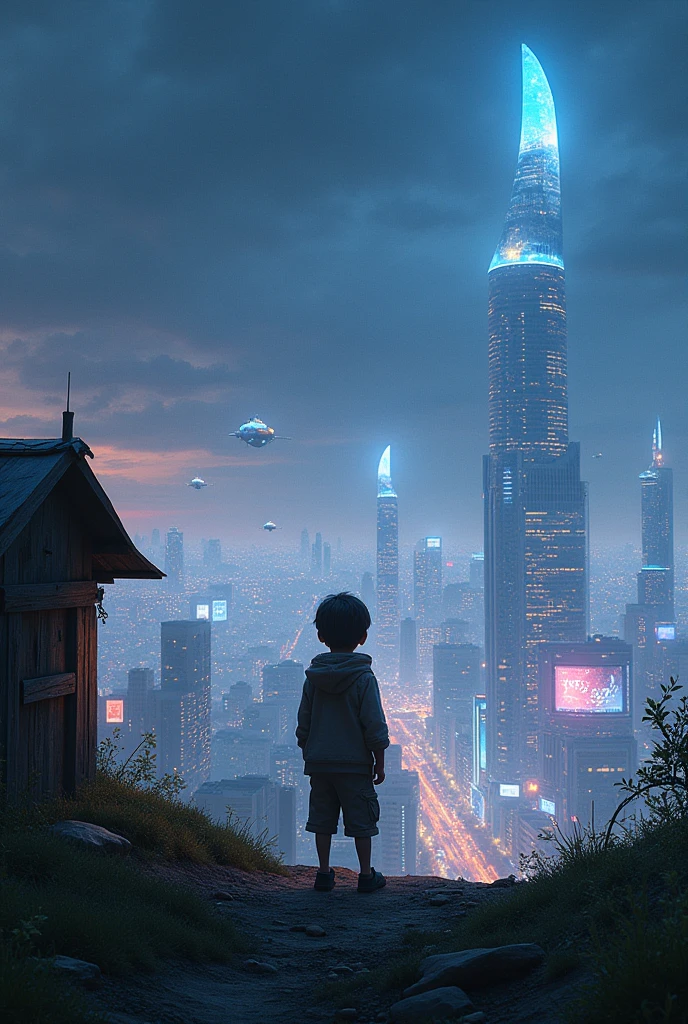 It&#39;s the year 3000 and an 1 boy is looking from the top of a hill in the middle of the night to see the most futuristic and luxurious city on the entire planet., Next to the young man is a hut made of futuristic garbage where he lives.