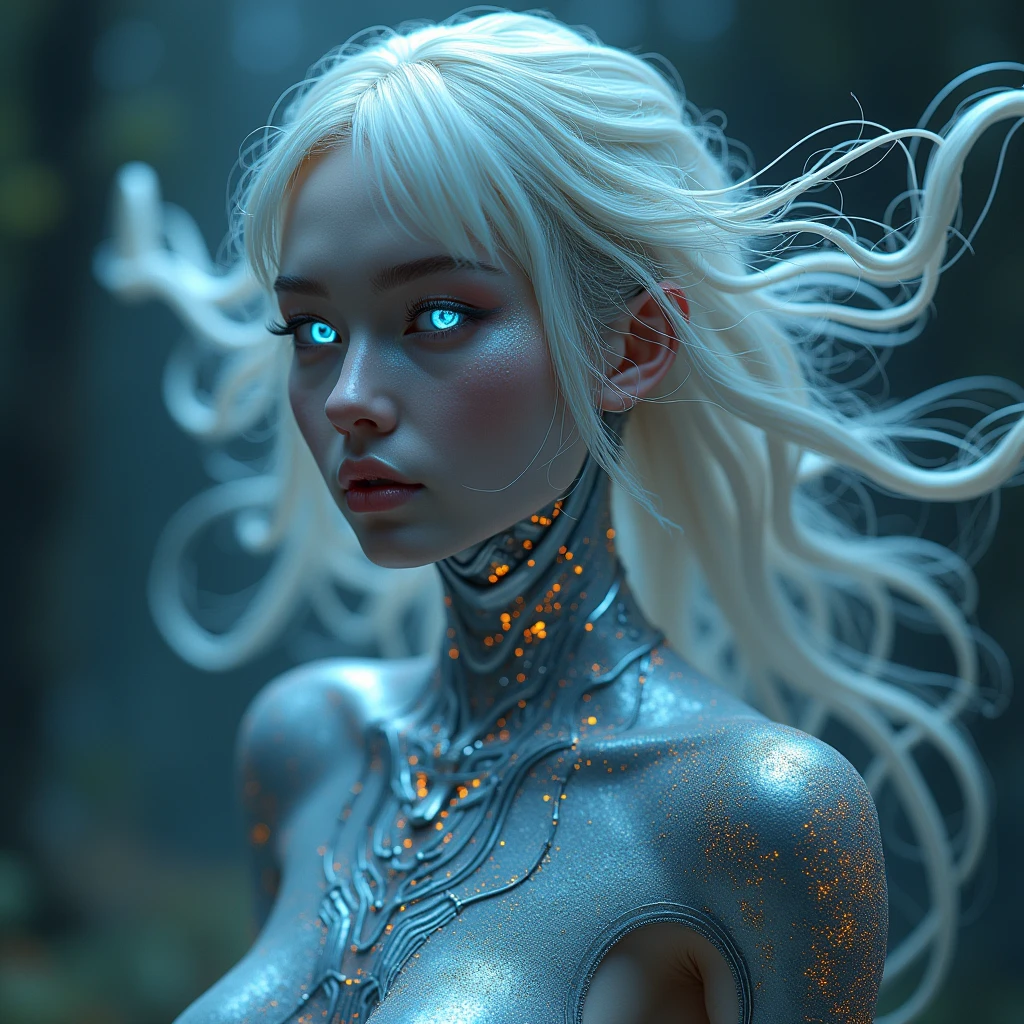 (Female Mobius:1.4), (mysterious and enigmatic expression:1.4), (sleek and futuristic bodysuit:1.4), (silver and metallic tones:1.3), (long, flowing hair with a digital, holographic sheen:1.3), (cybernetic enhancements on her arms and neck:1.4), (glowing circuits integrated into her skin:1.4), (floating in a void of digital fractals:1.3), (complex and intricate patterns surrounding her:1.4), (eyes glowing with knowledge and wisdom:1.4), (ethereal aura blending with the digital world:1.3), (highly detailed textures and lighting:1.4)
