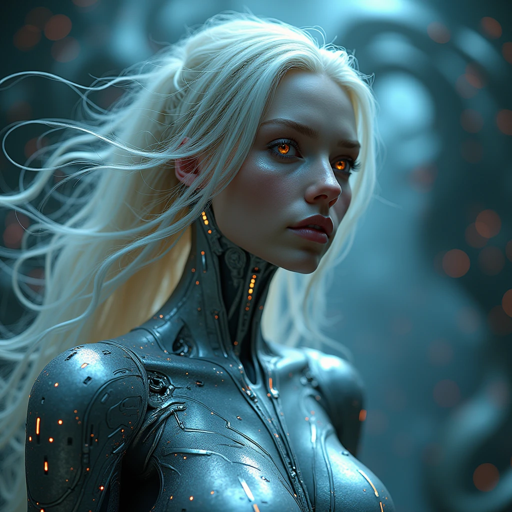 (Female Mobius:1.4), (mysterious and enigmatic expression:1.4), (sleek and futuristic bodysuit:1.4), (silver and metallic tones:1.3), (long, flowing hair with a digital, holographic sheen:1.3), (cybernetic enhancements on her arms and neck:1.4), (glowing circuits integrated into her skin:1.4), (floating in a void of digital fractals:1.3), (complex and intricate patterns surrounding her:1.4), (eyes glowing with knowledge and wisdom:1.4), (ethereal aura blending with the digital world:1.3), (highly detailed textures and lighting:1.4)