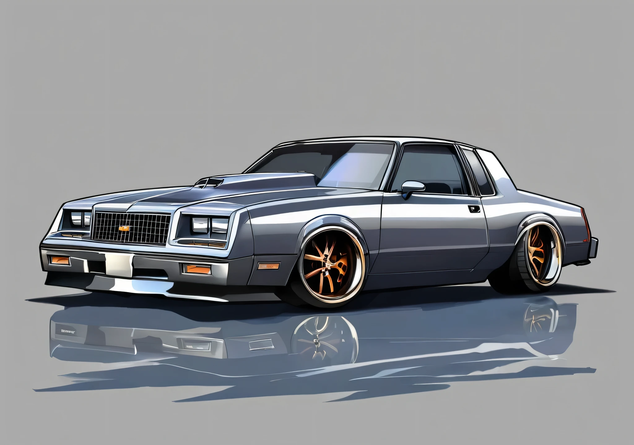 1986 chevy monte carlo ss pop art, cartoonish style , sketch, comic, detailed illustration, large chrome wheels, slammed to the ground, wide bodykit, masterpiece, highly detailed ((([simple  grey background])))

