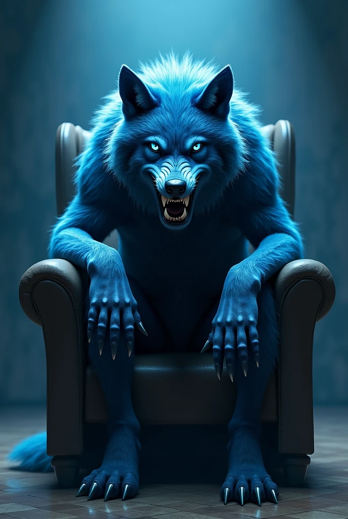 Evil blue wolf sitting on a chair on a basketball table with nothing on it