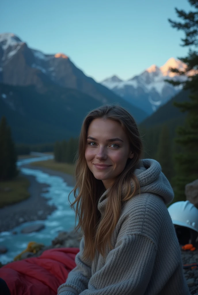 Prompts Copy Photorealistic prompts, Best Quality, hyper detailed, beautiful woman, autophoto, Upper part of the body, Alone, wearing sweater, outdoor, (evening), mountains, real life nature, stars, officer, (happy, happy), sleeping bag, gloves, sweater, white work helmet, flashlight, forest, rocks, river, wood, smoke, fog, clear sky, analog style, looking at the viewer, skin texture, film grain, close up, ultra high resolution, best shadow, raw, InstagramLUT