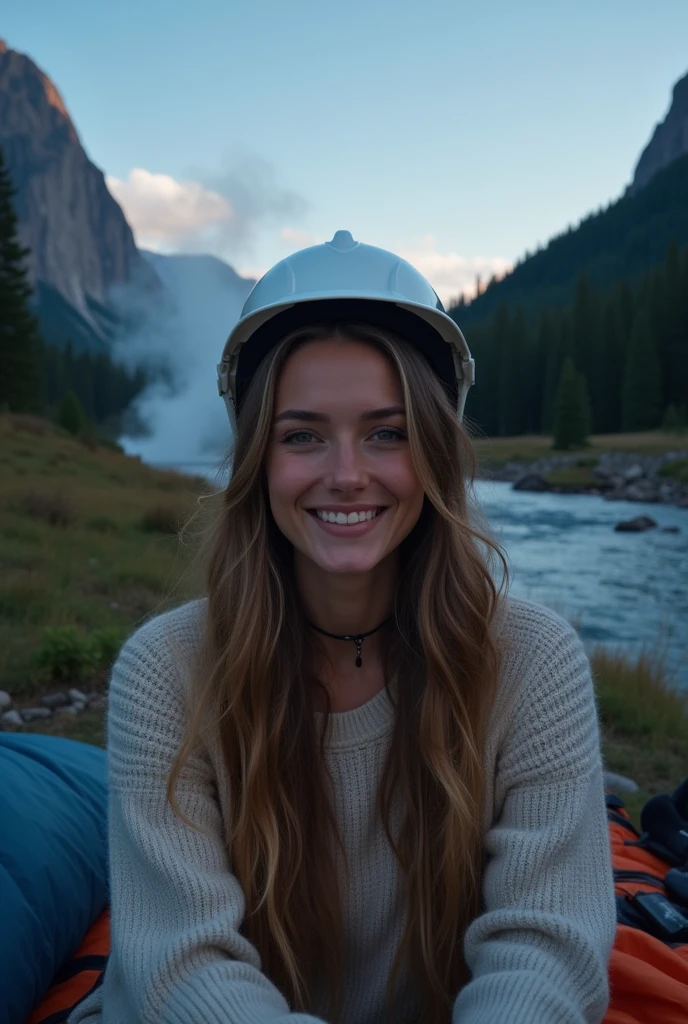Prompts Copy Photorealistic prompts, Best Quality, hyper detailed, beautiful woman, autophoto, Upper part of the body, Alone, wearing sweater, outdoor, (evening), mountains, real life nature, stars, officer, (happy, happy), sleeping bag, gloves, sweater, white work helmet, flashlight, forest, rocks, river, wood, smoke, fog, clear sky, analog style, looking at the viewer, skin texture, film grain, close up, ultra high resolution, best shadow, raw, InstagramLUT