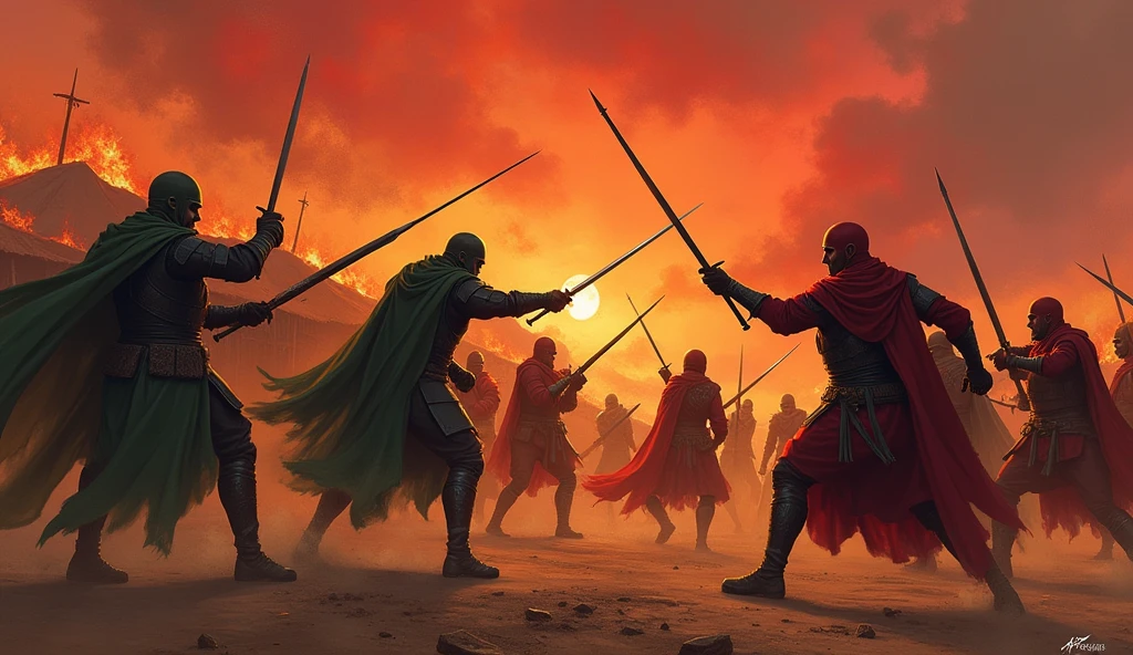 2 men who weared green battle suit, 1st men have sword, 2nd men javelin and both men are fight with 8 men which wear red battle suit every men has sword Sun set, blood sky, burning tents, burning date trees
Men killed by a javelin inside his chest and he hung up
