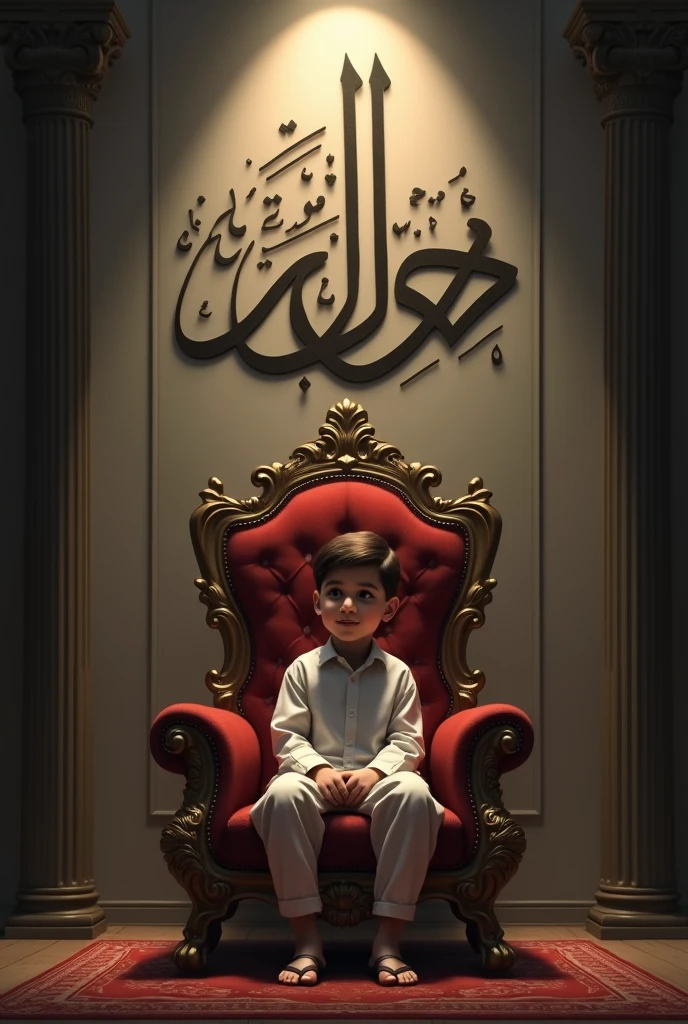 Create a realistic image a young boy is sitting in a king chair with wing behind the wall is written " Ruhul Amin" in curve style
