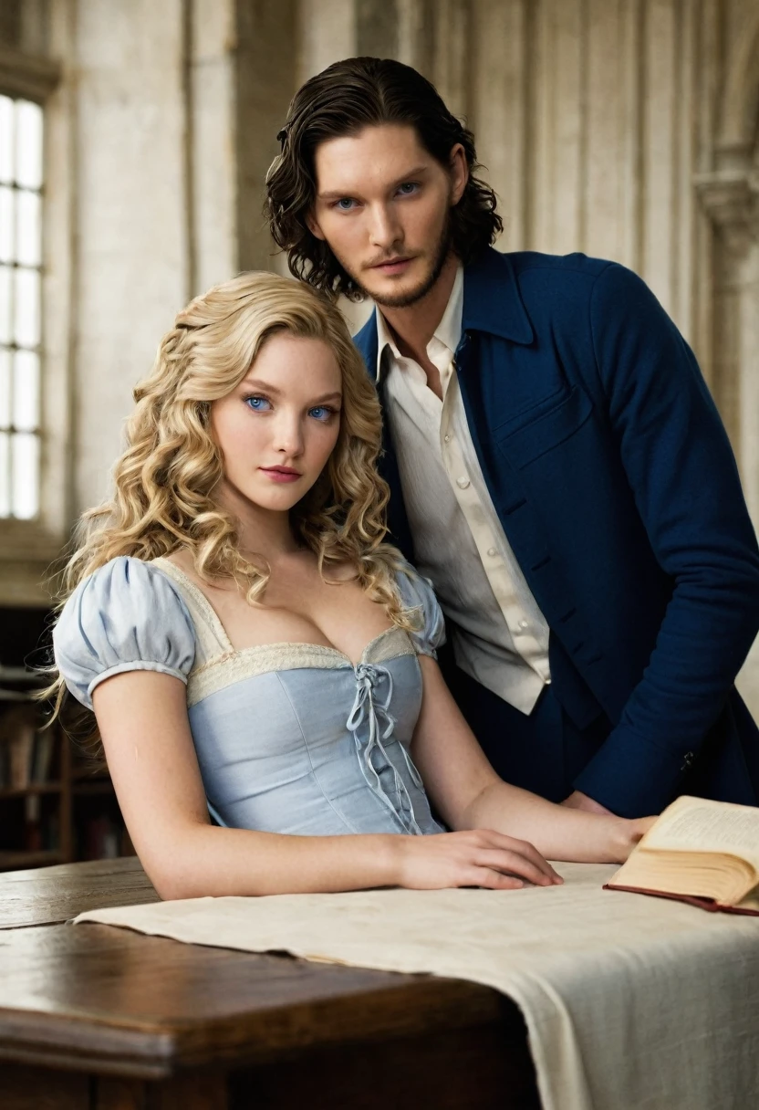 A beautiful female character. The girl is a student. She has long blonde curls and beautiful blue eyes. She is lying with her chest on the table. There is a handsome young man standing behind. He looks like actor Ben Barnes. He's holding her hips.