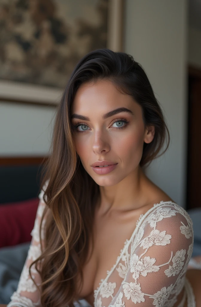 a 2 brunette latin woman , slick hair , blue eye , lying on his bed , in sexy fine lace