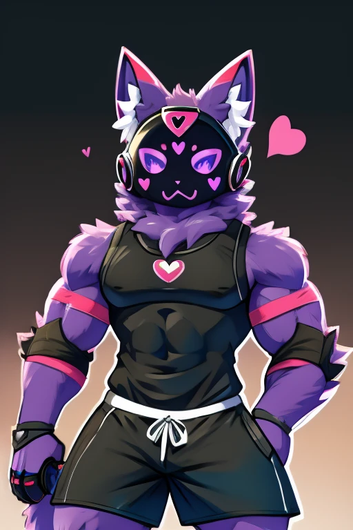 Big black cat , black robot helmet with a purple kawaii cat face, muscular, furry, black sleeveless shirt, Morados shorts, with heart stickers on the body