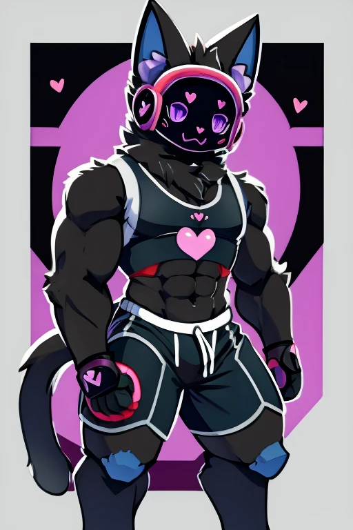 Big black cat , black robot helmet with a purple kawaii cat face, muscular, furry, black sleeveless shirt, Morados shorts, with heart stickers on the body