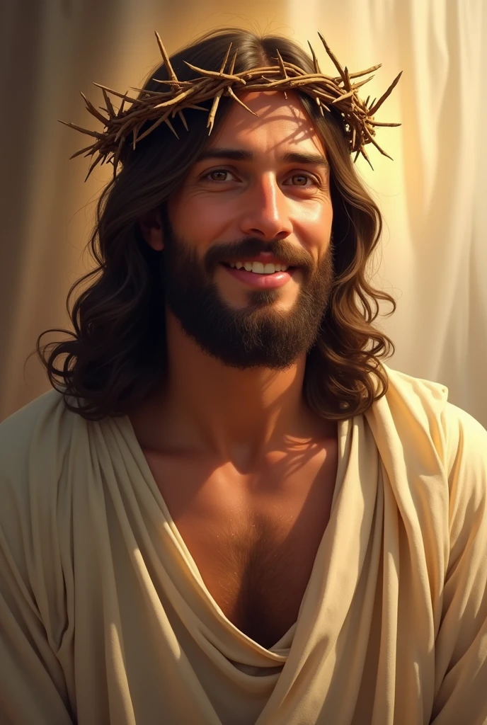 A serene image of Jesus Christ with a crown of thorns on His head. He is depicted with a peaceful and gentle smile, radiating compassion and warmth. The background is soft, with warm tones that highlight His expression of kindness. His eyes are soft and inviting, conveying a deep sense of love and understanding. The lighting emphasizes the gentle features of His face, creating a calm and comforting atmosphere. The crown of thorns is delicately placed, with small shadows that enhance the depth and realism of the image. Jesus' attire is simple, with a traditional robe that drapes naturally over His shoulders, adding to the overall serene and divine presence.