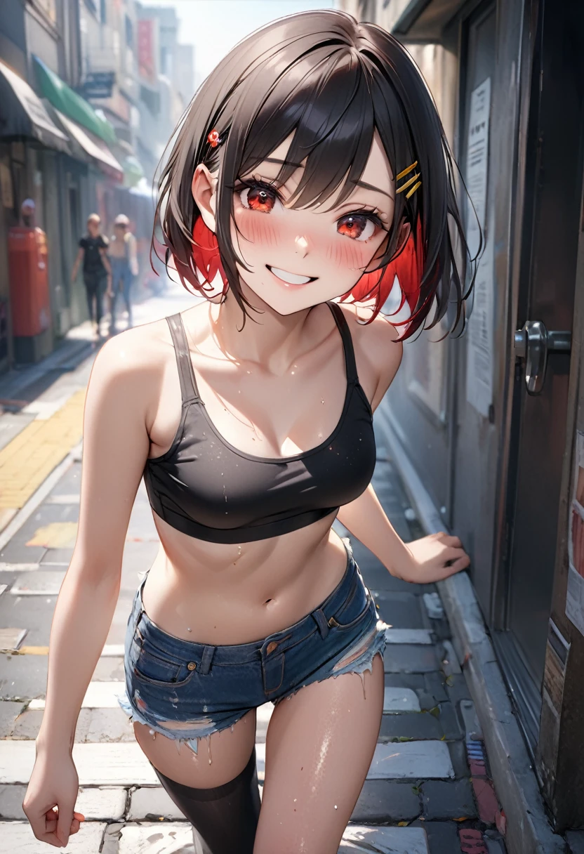(8k, RAW Photos, Highest quality, masterpiece: 1.2), masterpiece, Super Detail,Best lighting, (Realistic and photorealistic photography: 1.4), High-resolution RAW color photos, Highly detailed mouth,ung cute girl, Background Blur, blush, Depth of written boundary, Hair between the eyes,short hair,(red inner hair with yellow hairpin:1.2),(red eyes:1.3),(Oily skin:1.1), (Embarrassed,smile),Black Hair,in the messy Restroom,glitter skin,short,young,,medium breasts,Looking at viewer,denim micro hotpants,black long socks,opened shirt,black sports bra,midriff baring,(she is walking nearby us on the pavement and talk to us:1.3)