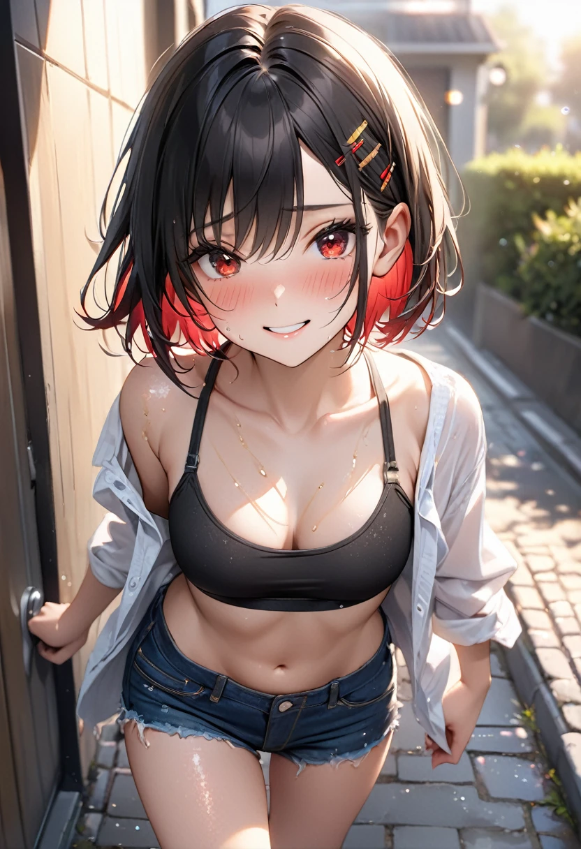 (8k, RAW Photos, Highest quality, masterpiece: 1.2), masterpiece, Super Detail,Best lighting, (Realistic and photorealistic photography: 1.4), High-resolution RAW color photos, Highly detailed mouth,1 young cute girl, Background Blur, blush, Depth of written boundary, Hair between the eyes,short hair,(red inner hair with yellow hairpin:1.2),(red eyes:1.3),(Oily skin:1.1), (Embarrassed,smile),Black Hair,in the messy Restroom,glitter skin,short,young,,medium breasts,Looking at viewer,denim micro hotpants,black long socks,opened shirt,black sports bra,midriff baring,(she is walking nearby us on the pavement and talk to us:1.3)