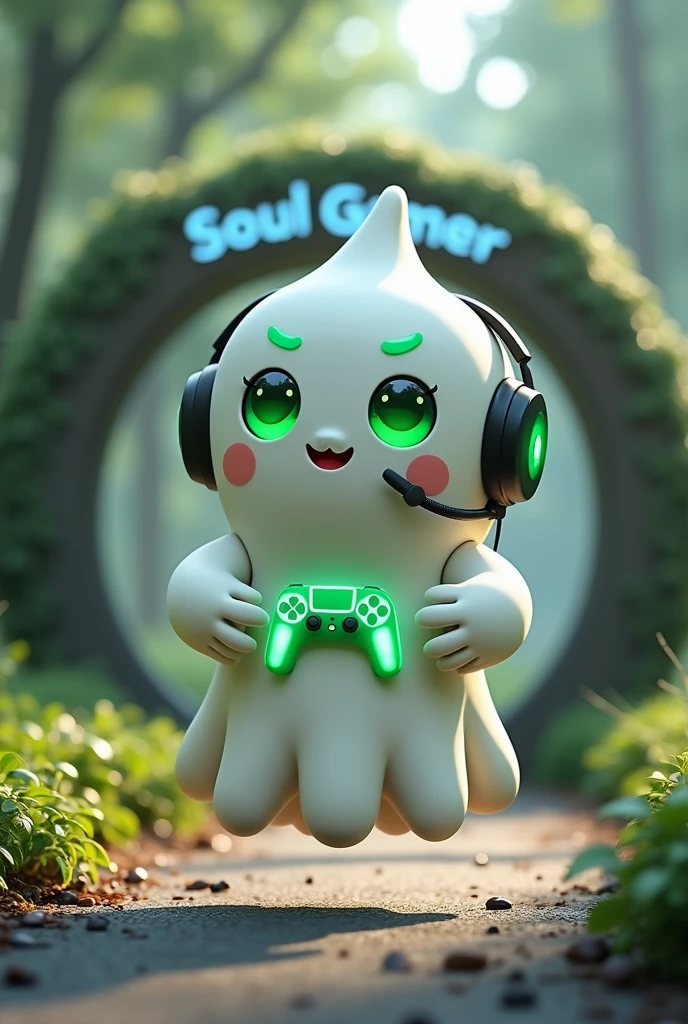 Create a medium-sized robot pet with a ghost-like appearance. Resembling a drop. On his hands he has five well-defined fingers. His facial expression has large, green eyes with a glow, conveying a friendly and cheerful expression. He has a small open mouth with a happy smile and flushed cheeks.. Its body is white with small green details and a smooth, slightly shiny texture.. He has a headset on his head with an adjustable microphone positioned close to his mouth.. And on his chest you can see the illuminated shape of a Playstation 5 controller in fluorescent green.. It floats in the air, as if he were ready for an adventure. Behind the character you can see a portal and on it is written "Soul Gamer"