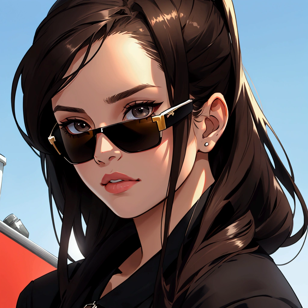 Create profile of young woman with dark brown hair looking straight ahead with chin up, to wear black sunglasses, that an office background can be seen