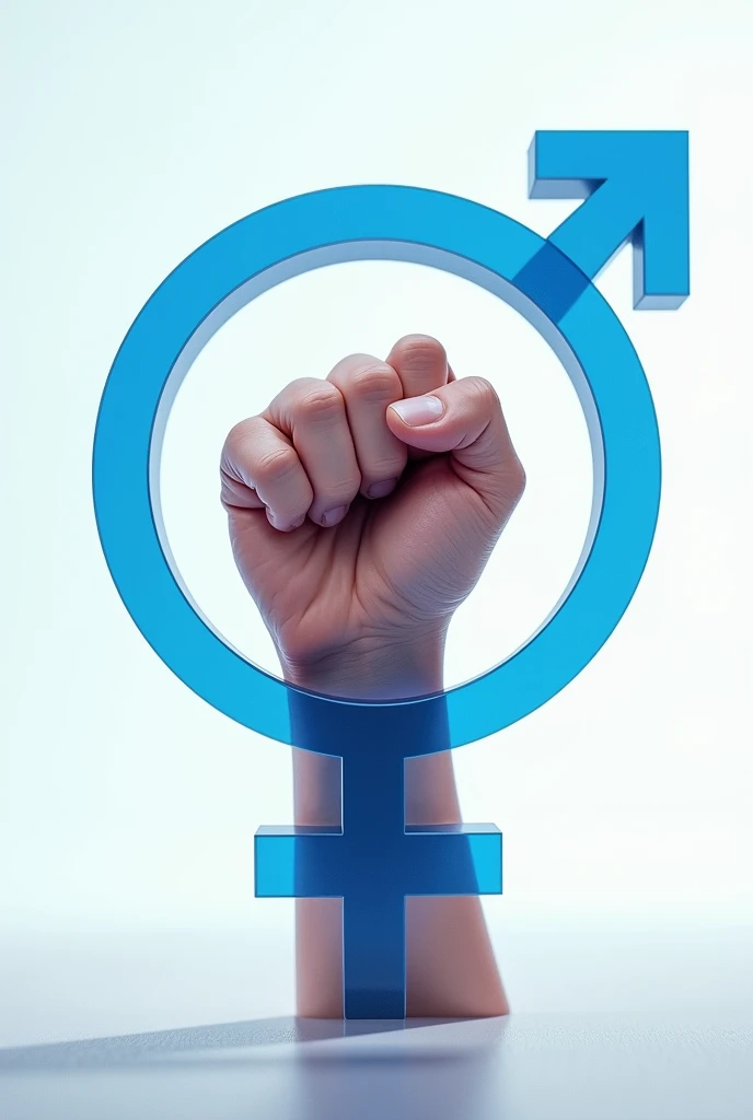 Drawing of a hand with a closed fist inside the male gender symbol in blue
