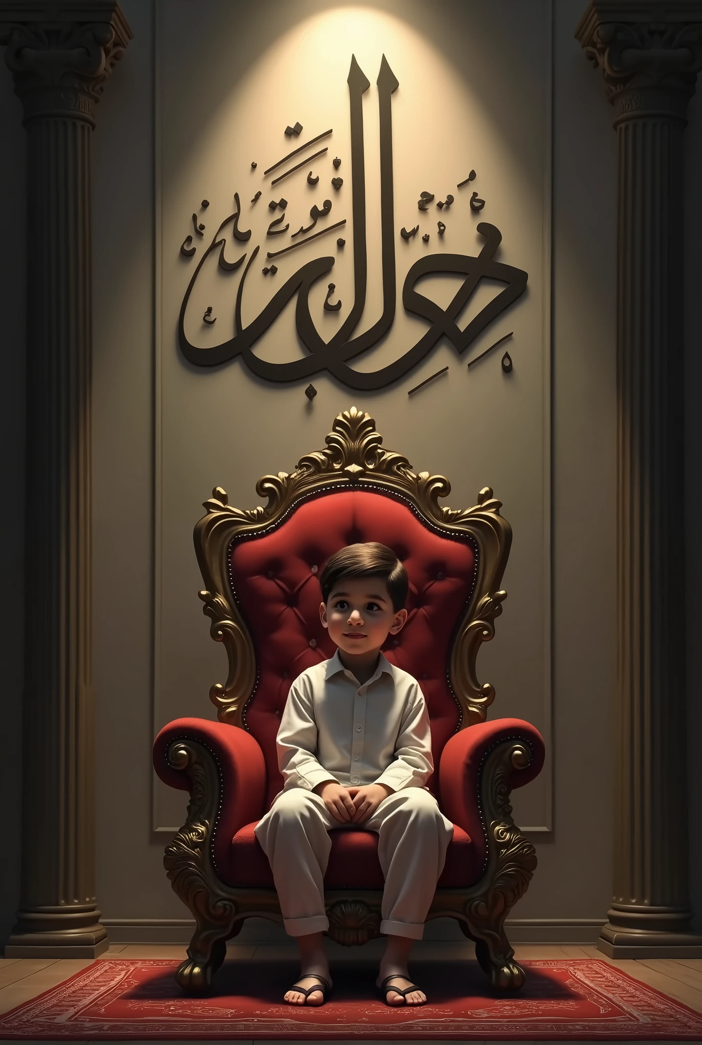 Create a realistic image a young boy is sitting in a king chair with wing behind the wall is written " Ruhul Amin" in curve style