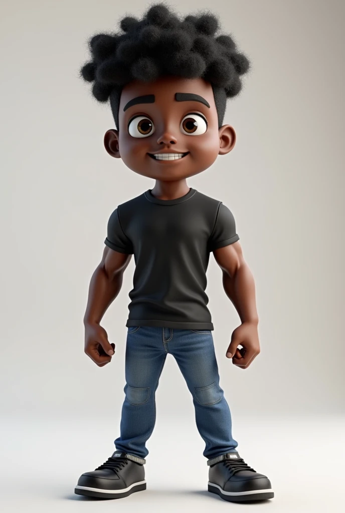 Create a 3D black male mascot with super dark curly hair and no beard who wears jeans and a black shirt without a logo and black sneakers.