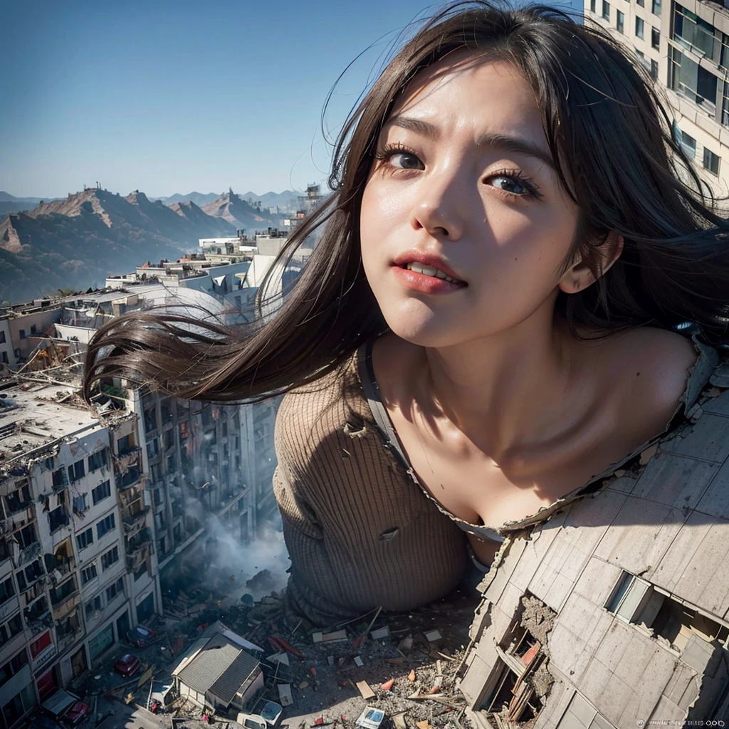 (Giant Invasion), ((Giantess, Big Breasts, J-Cup)), (high resolution, Film depiction), Great impact, amazing, Overwhelming destructive power, (((((Looking up at the giantess from the ground))))), Low - Angle, Horror, ((25,000ft Giantess)), Destroy the city, Destroy a high-rise building, High-rise building collapses, Road collapse, Debris scattered, Rain of debris, The building is falling, (A giant woman falls face down to the ground and crushes buildings, Knock down skyscrapers with your enormous hands, The face of the giantess peering out at the city is incredibly huge.), Invincible smile