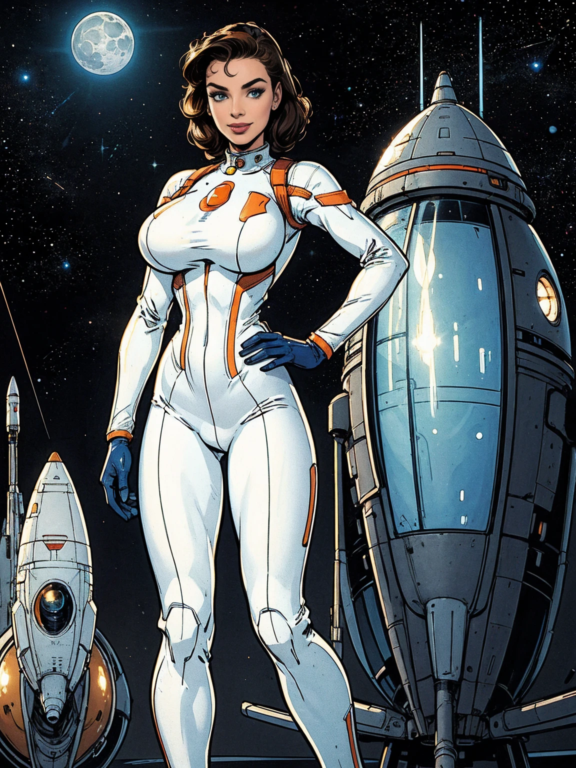 (masterpiece, top quality, best quality, official art, beautiful and aesthetic:1.2), (1girl:1.3), light freckles, fair skin, extremely detailed, portrait, looking at viewer, solo, (full body:0.6), detailed background, close up, (bright space pinup theme:1.1), busty 1950's pinup brunette space girl, charlatan, smiling, happy, mysterious, spacewalk, modest attire, white and orange space suit, spacesuit, helmet, bodysuit, ray gun, long boots, pouches, jetpack, glass helmet, rocket ship, ((((narrow hips, slim sexy body, medium breasts)))), slim waist, slim hips, long legs, futuristic (moon exterior:1.1) background, dark mysterious lighting, shadows, magical atmosphere, dutch angle,