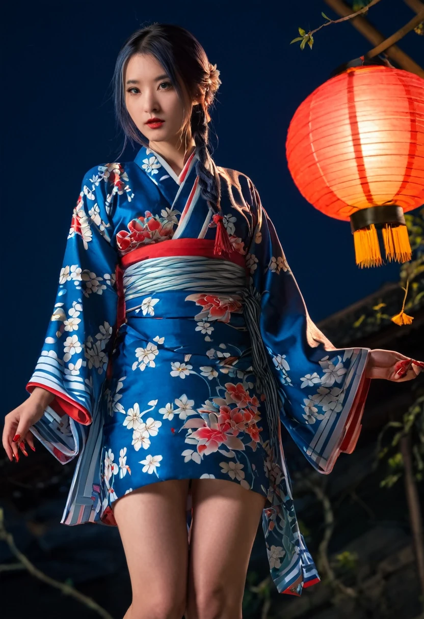 score_9, score_8_up, score_7_up, 1girl, solo, long hair, breasts, looking at viewer, large breasts, dress, blue hair, standing, braid, thighs, japanese clothes, kimono, nail polish, lips, sash, night, colored skin, looking down, short dress, floral print, from below, red dress, red nails, blue skin, paper lantern