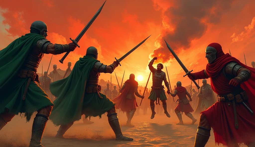 A men who weared green battle suit, 1st men have sword,  men javelin and both men  are fight with 8 men which wear red battle suit every men has sword Sun set, blood sky, burning tents, burning date trees 

Men killed by a javelin inside his chest and he hung up