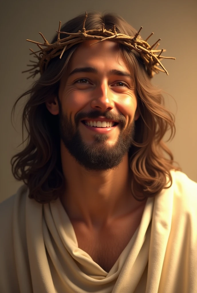 A serene image of Jesus Christ with a crown of thorns on His head. He is depicted with a peaceful and gentle smile, radiating compassion and warmth. The background is soft, with warm tones that highlight His expression of kindness. His eyes are soft and inviting, conveying a deep sense of love and understanding. The lighting emphasizes the gentle features of His face, creating a calm and comforting atmosphere. The crown of thorns is delicately placed, with small shadows that enhance the depth and realism of the image. Jesus' attire is simple, with a traditional robe that drapes naturally over His shoulders, adding to the overall serene and divine presence.
