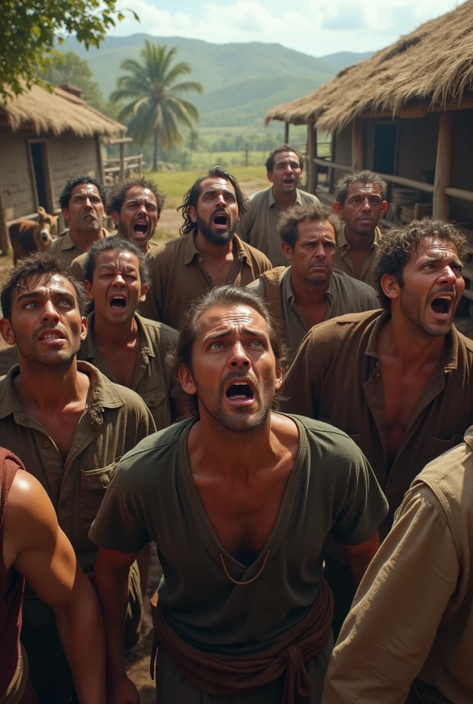 In a village group of people with fear face