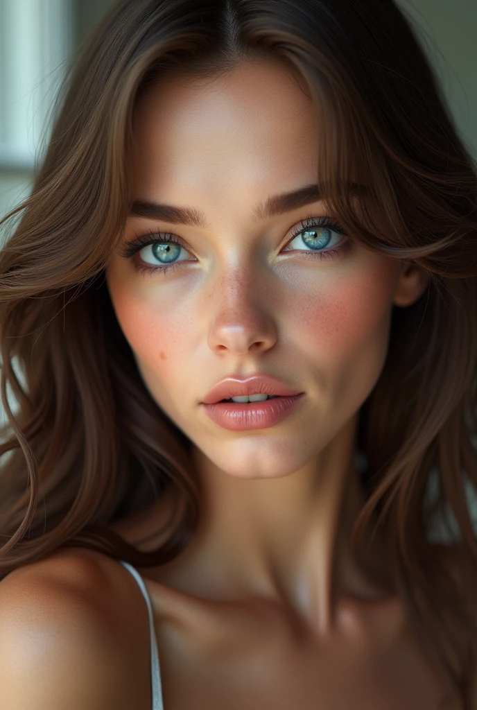 (photorealism:1.2), a  woman with blue eyes and brown hair 