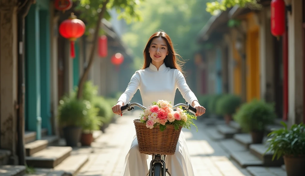 Make a photo of a Vietnamese female model wearing a white Ao Dai. Riding a bike on an old street. 50mm lens. bright. realistic. Focus your eyes well. Full shot. Make a basket and a bouquet of flowers in front of the bike. 