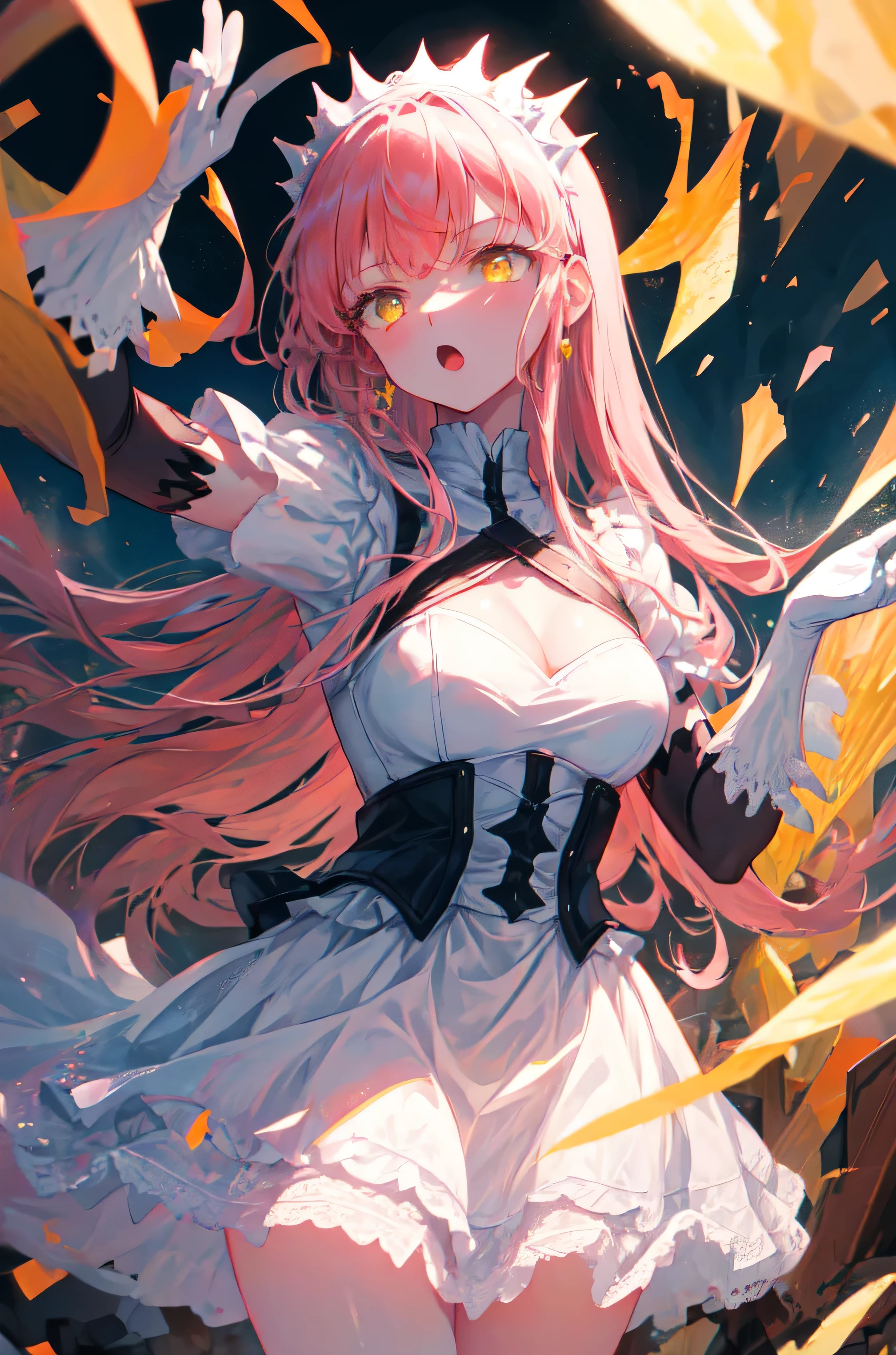 1 girl, cowboy shot, rubble ruins, anger, (battle preparation:1.2), open your mouth, (night:1.2), explosive inflammation, woman, medb, long hair, pink hair, (yellow eyes:1.5), elbow gloves, gloves, white gloves, dress, white dress, skirt, white skirt, tiara, highest quality, masterpiece, High resolution, arm out, 