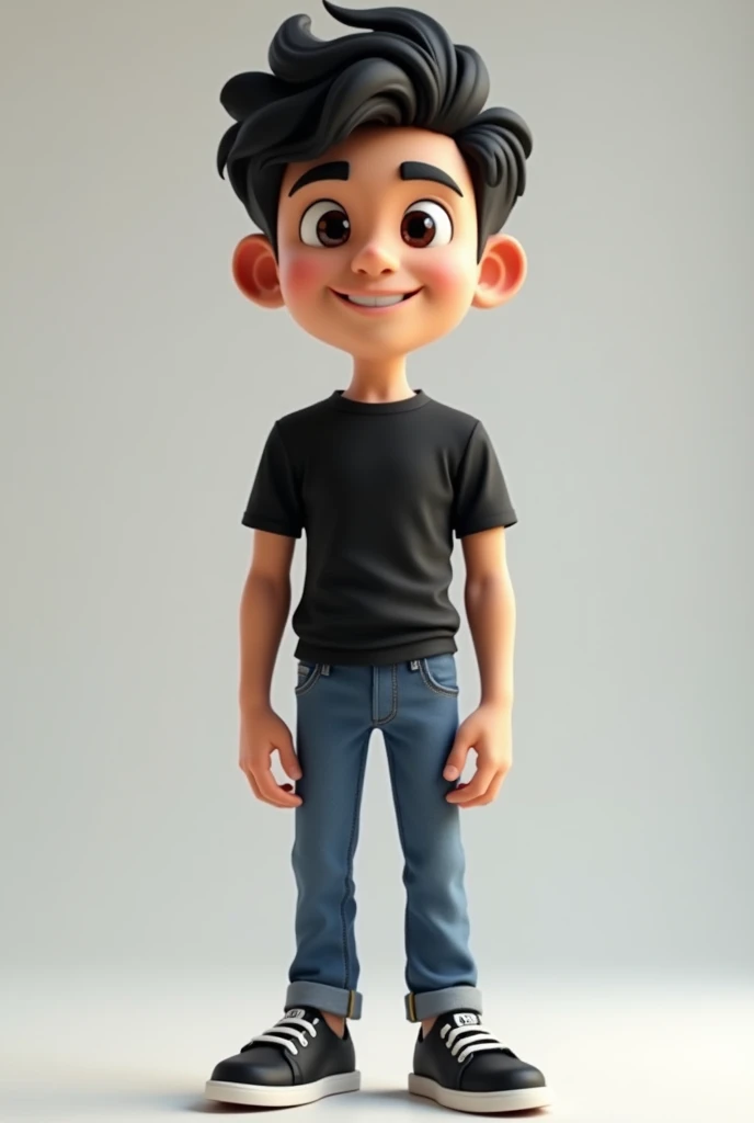 Create a 3D male mascot with dark curly hair and no beard who wears jeans and a black shirt without a logo and black sneakers. 