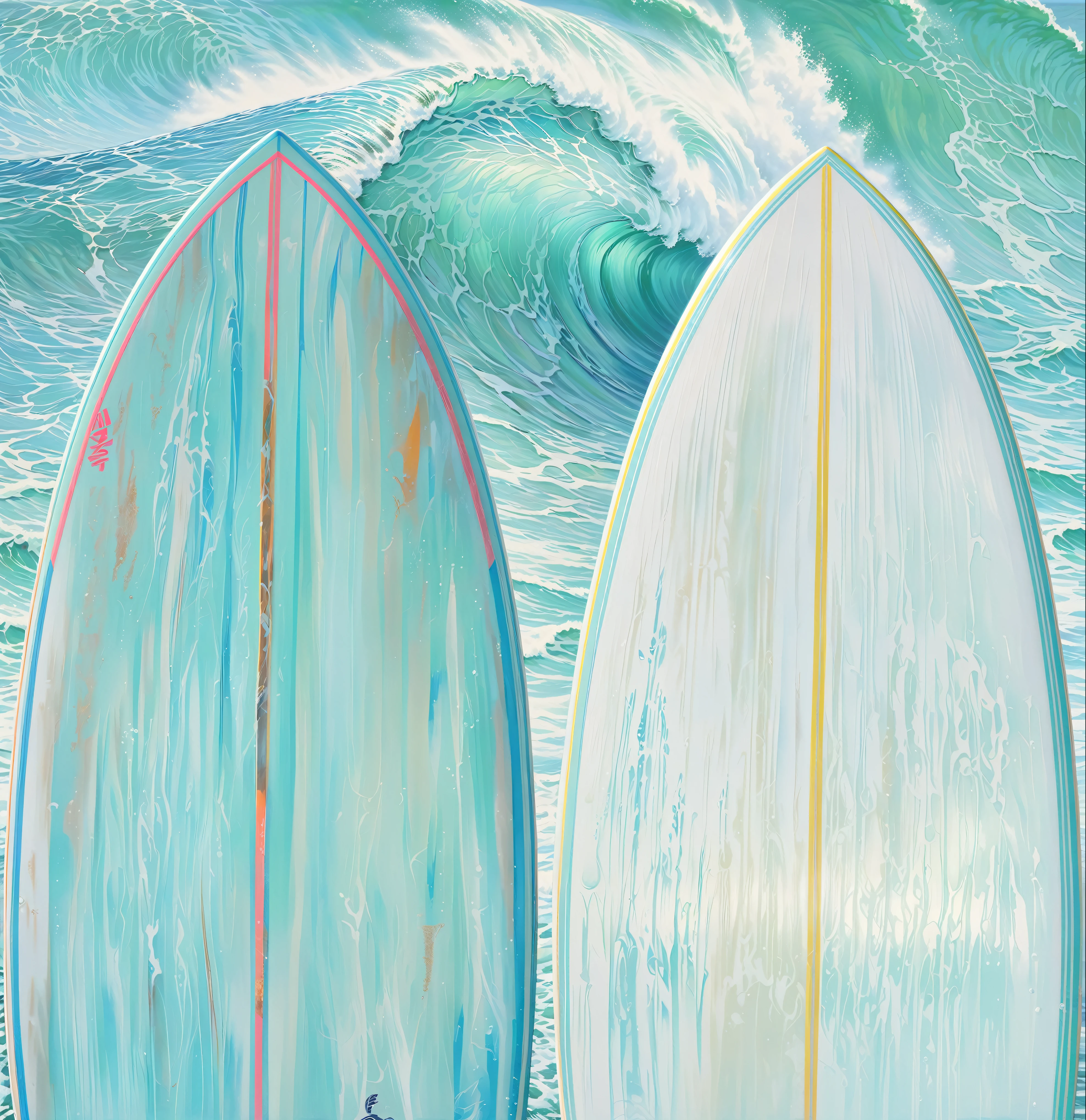 there are two surfboards standing in the water next to each other, an oil painting. wave, standing on surfboards, rob rey and kentaro miura style, surf, jim warren, detailed soft painting, big wave surfing, ride the wind and waves, cresting waves and seafoam, daniel r horne