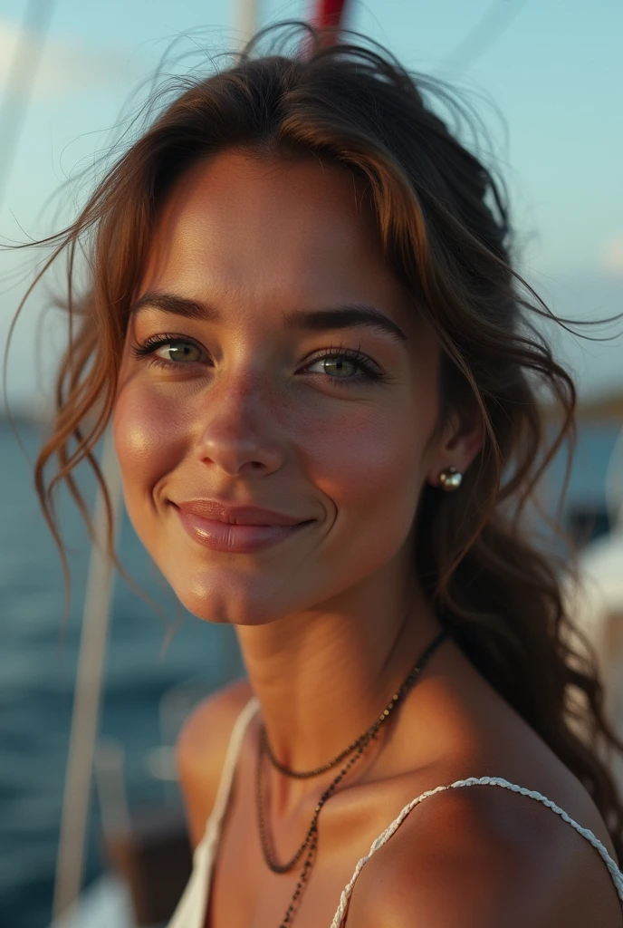 (selfie:1.2) of AshleyCipher, small smile, on a sailboat, analog style (look at viewer:1.2) (skin texture), close up, cinematic light, sidelighting, Fujiflim XT3, DSLR, 50mm