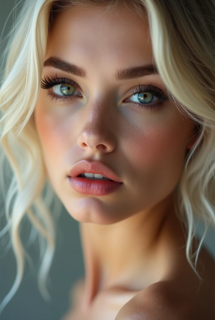 Ultra réaliste, Visage femme caucasienne, cheveux légèrement décoloré, très attirante et belle, levres pulpeuses, regard seducteur, sourcil épais, visage décovert et nu peu rond