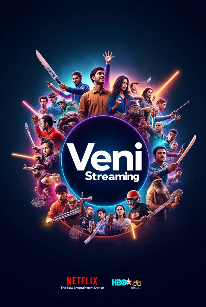 LOGO WHERE YOU CAN SEE MANY PICTURES IN THE FORM OF A FRAME OF NETFLIX HBO STAR PLUS MAGISTV MOVIES AND FAMOUS SPORTS THAT COME OUT IN THE BACKGROUND WITH THE NAME OF VENISTREAMING WITH THE SLOGAN THE BEST ENTERTAINMENT OPTION