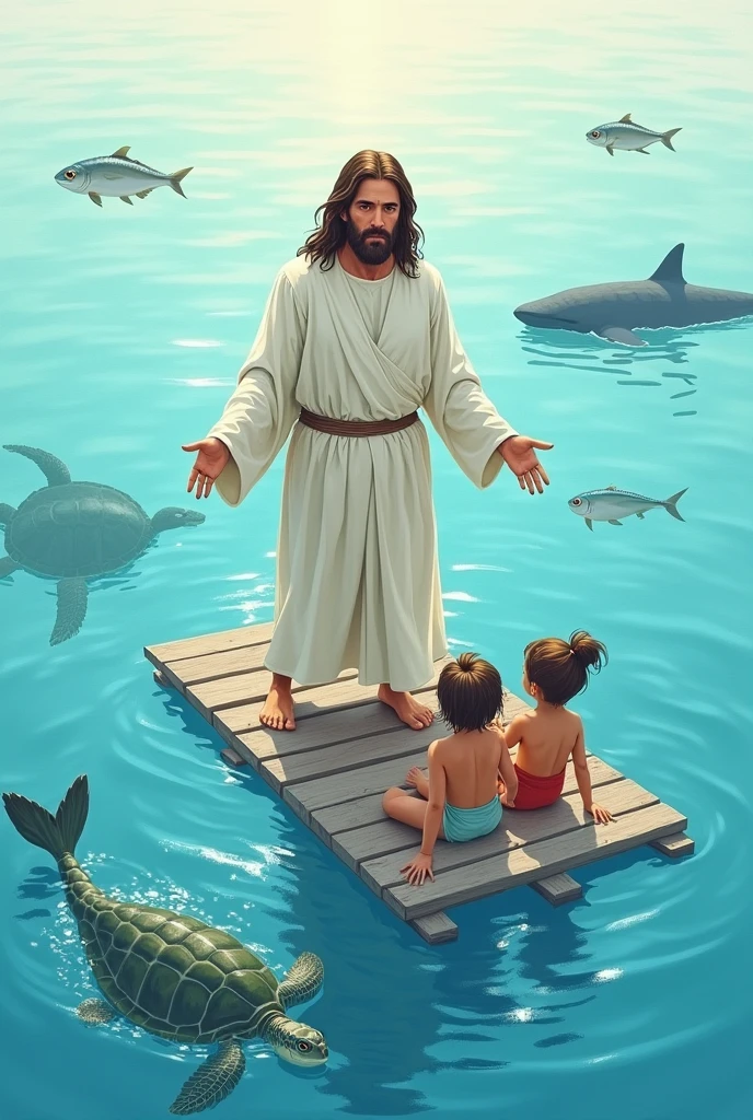 Create a DRAWING image of JESUS dressed, in the sea, with 2 cute kids on the float, put fish, whale and turtles.
Blended background I want the image in drawing