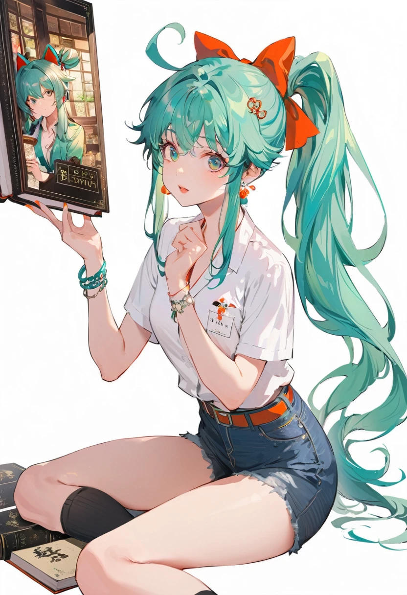 [(White Background:1.5)::5],Highest quality, masterpiece, High resolution, original, Highly detailed 8K wallpapers, an extremely delicate and beautiful,,whole body,Straight,Ultra-wide shot,Depth of written boundary,High saturation,Cafe,tatami,indoor,Realistic,Detailed manga illustration,colorful,be patient,Line art,alone,,beautiful girl,(((hatsune miku))),Gru,goddess,Creamy and smooth skin,green_hair,Ahoge,ponytail,Payot,floating hair,前hair,green_eye,笑face,Sitting in a four-legged position,Finger details,Skin Dentition,beautiful_face,Bright Eyes,Office Lady Suits,Denim shorts,black_Knee socks,sneakers,belt,hair ribbon,Hello,Tassel,hair ornament,hair rings,hair bow,hairband,Earrings,Book,Bracelet, 