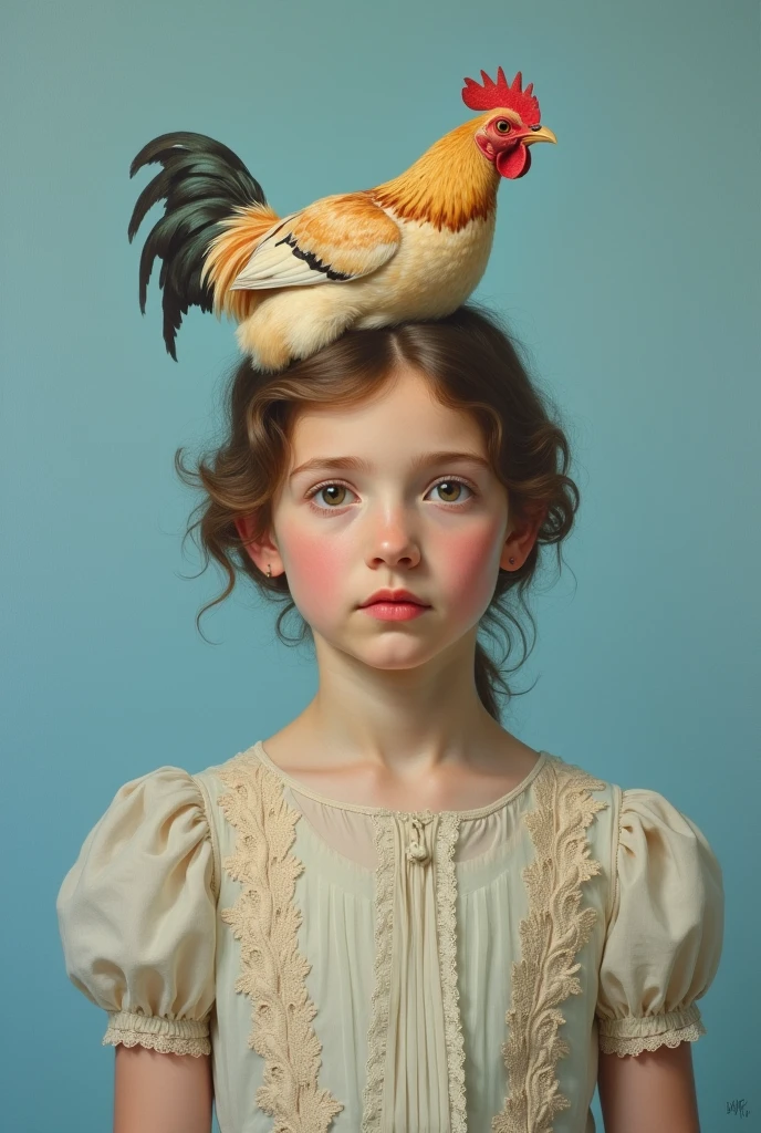 Portrait of a girl, with his head completely replaced by the head of a chicken (from the neck), with pink clothes from a wealthy family in Argentina during the early years of the 20th century, in the style of neoclassical portraits of the nobility of the 19th century, on a light blue background.