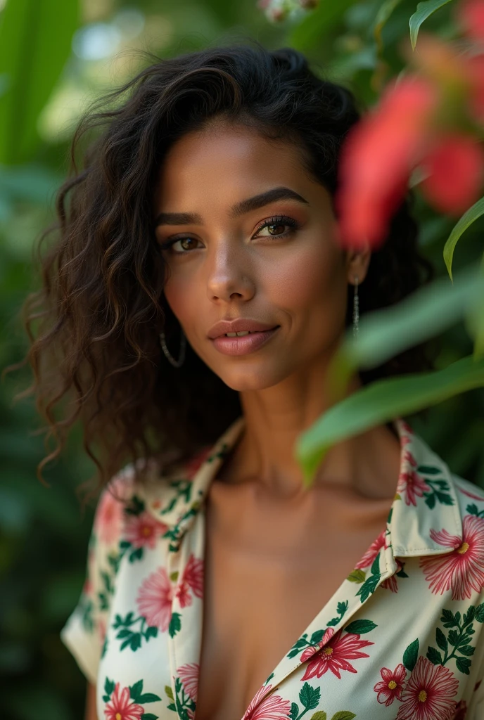 A Brazilian woman in a lush tropical garden, wearing an open shirt with a floral print, with a close-up capturing the harmonious beauty between her breasts and the natural flowers, showing off your natural charm and outgoing personality.