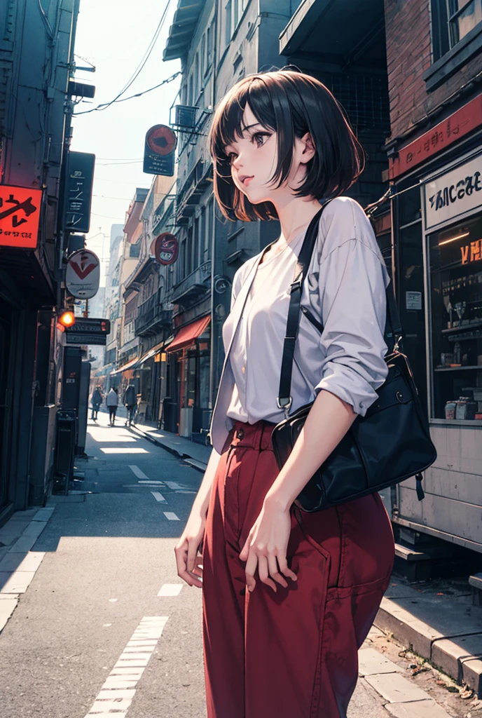 Town, Open, Angle from below, Street, パンク Lofi Artstyle, Lofi Art, city, town, 80s anime style, Retro, Lo-Fi, masterpiece, Highest quality, (Highly detailed CG Unity 8k wallpaper), (Highest quality), (Best illustrations), Realistic lighting,