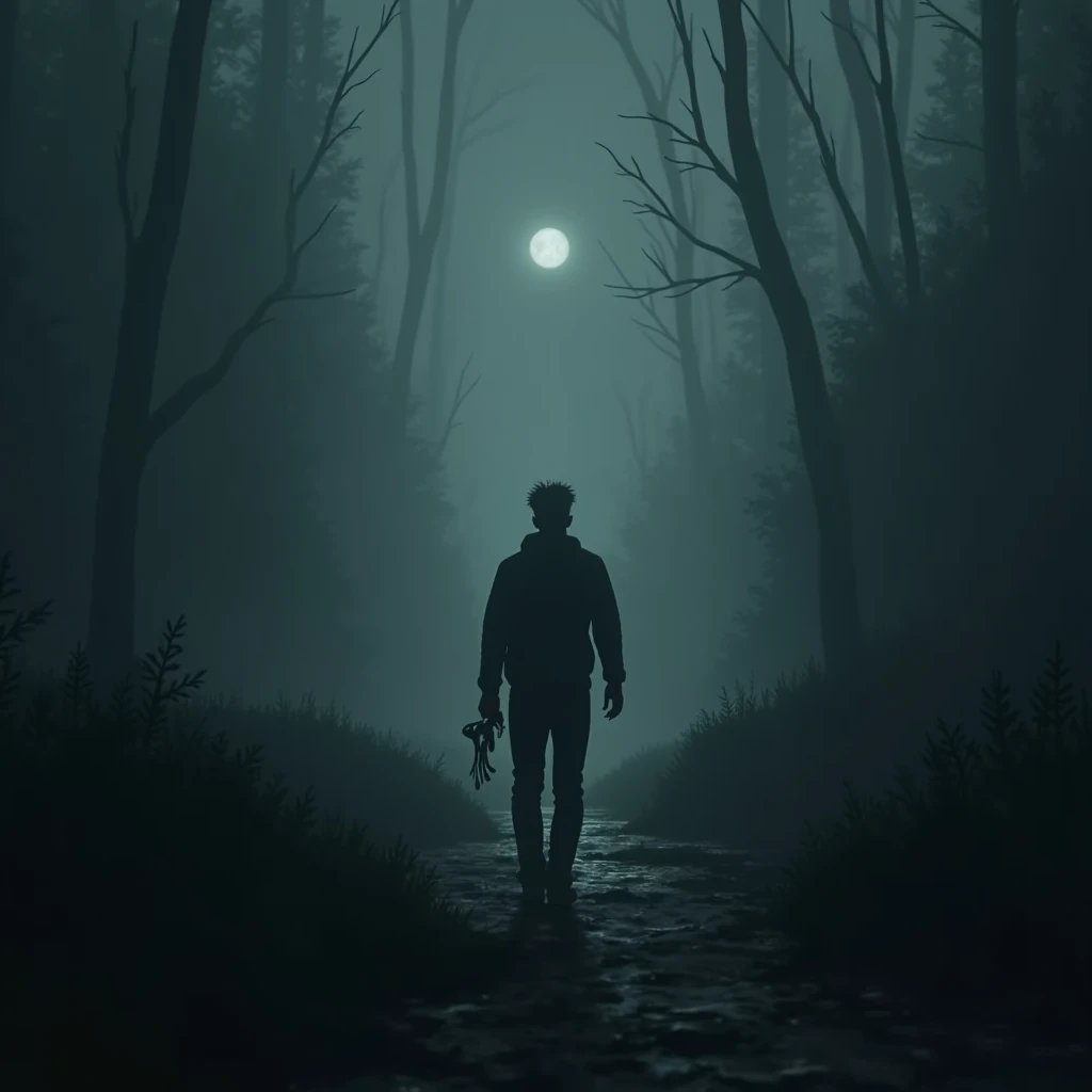 "A lonely man walking with a frightened look, observing shadows around. The scenery is dark and foggy."