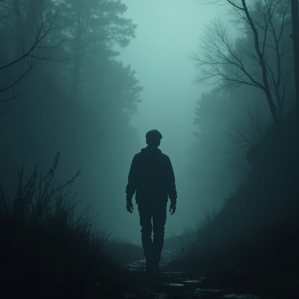"A lonely man walking with a frightened look, observing shadows around. The scenery is dark and foggy."