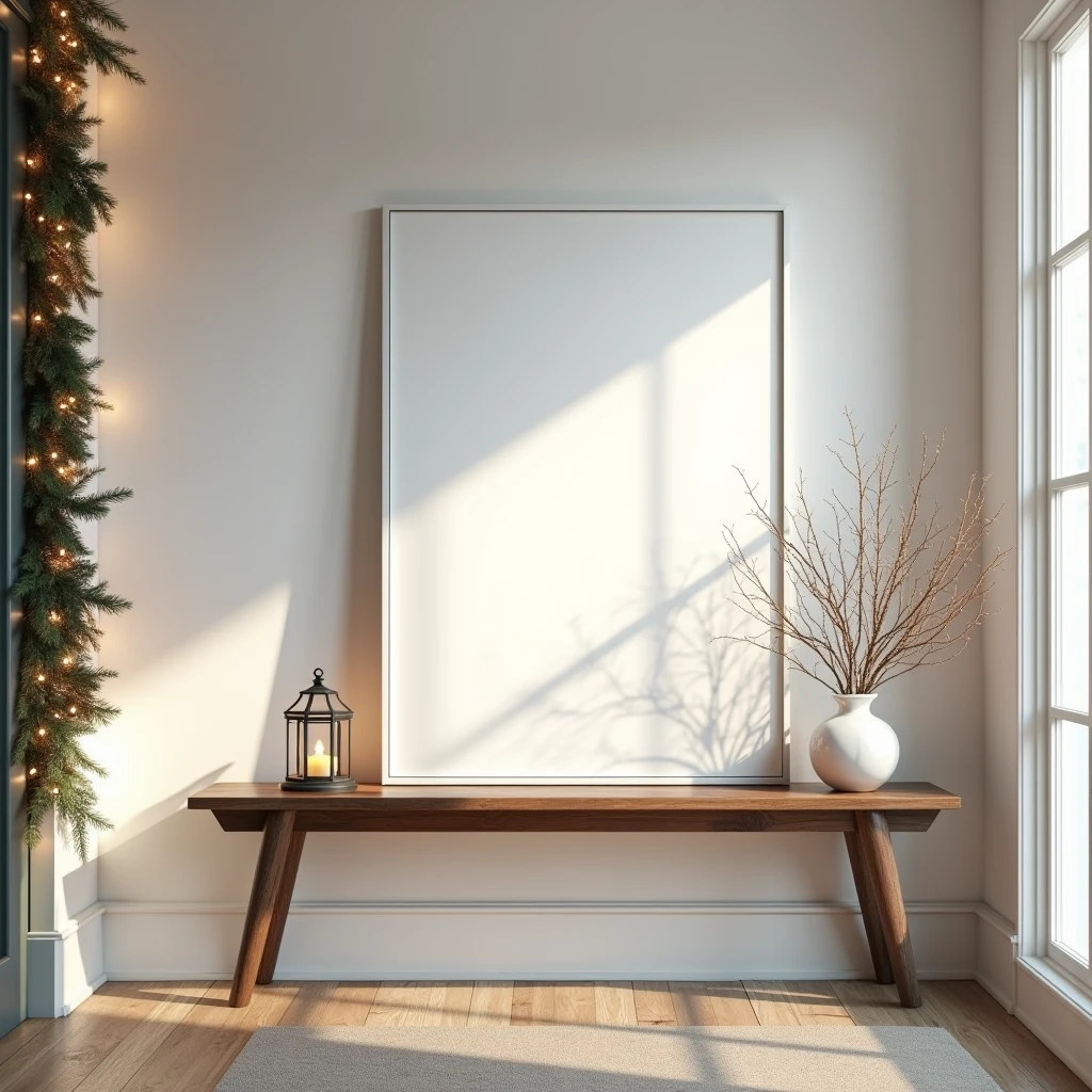 An ultra-realistic Christmas entryway, featuring a vertical DIN A-sized white-framed blank canvas leaning against the wall on a rustic wooden console table. The canvas is nearly pristine white, with very subtle reflections from the twinkling lights of a Christmas garland nearby. Minimal shadows from a lantern enhance the scene without detracting from the blank canvas. The entryway is filled with festive holiday decor, creating a welcoming and detailed atmosphere, while the canvas stays clean with only slight light effects