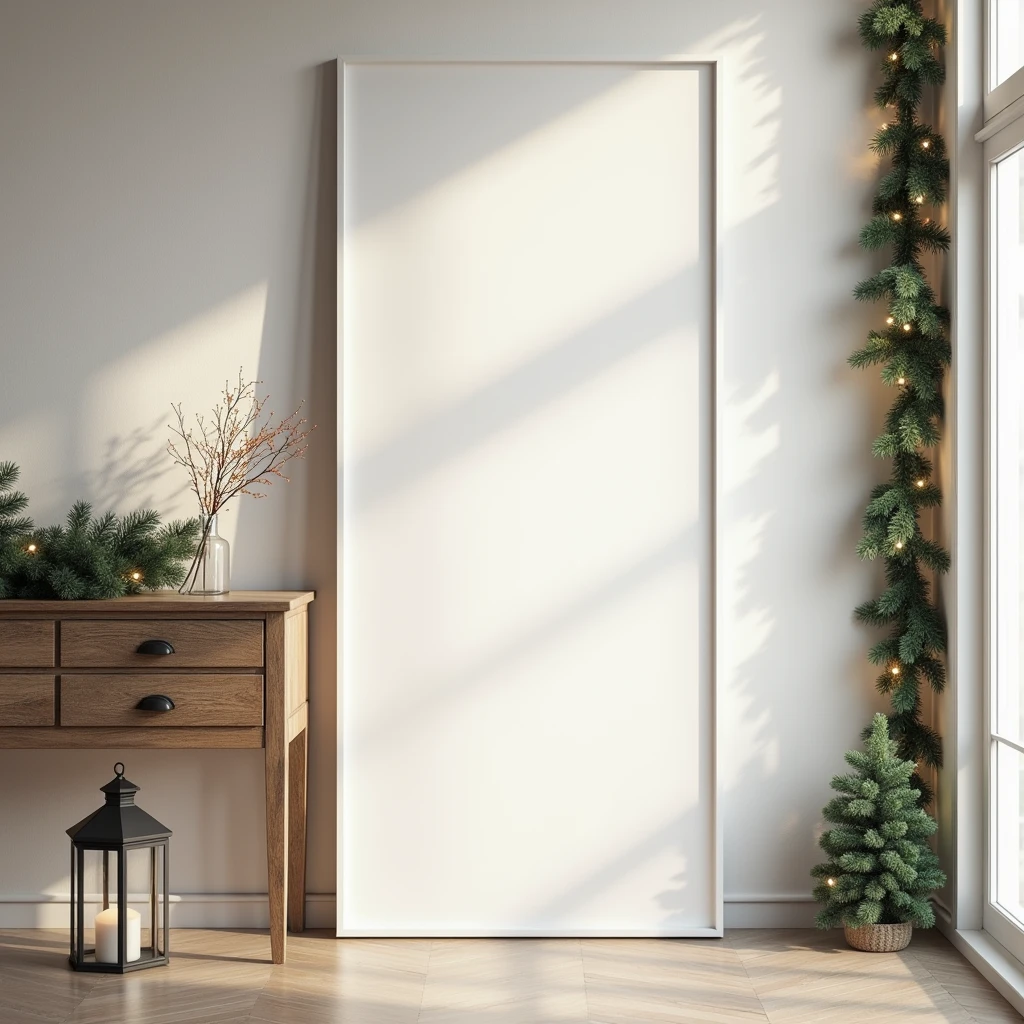 An ultra-realistic Christmas entryway, featuring a vertical DIN A-sized white-framed blank canvas leaning against the wall on a rustic wooden console table. The canvas is nearly pristine white, with very subtle reflections from the twinkling lights of a Christmas garland nearby. Minimal shadows from a lantern enhance the scene without detracting from the blank canvas. The entryway is filled with festive holiday decor, creating a welcoming and detailed atmosphere, while the canvas stays clean with only slight light effects