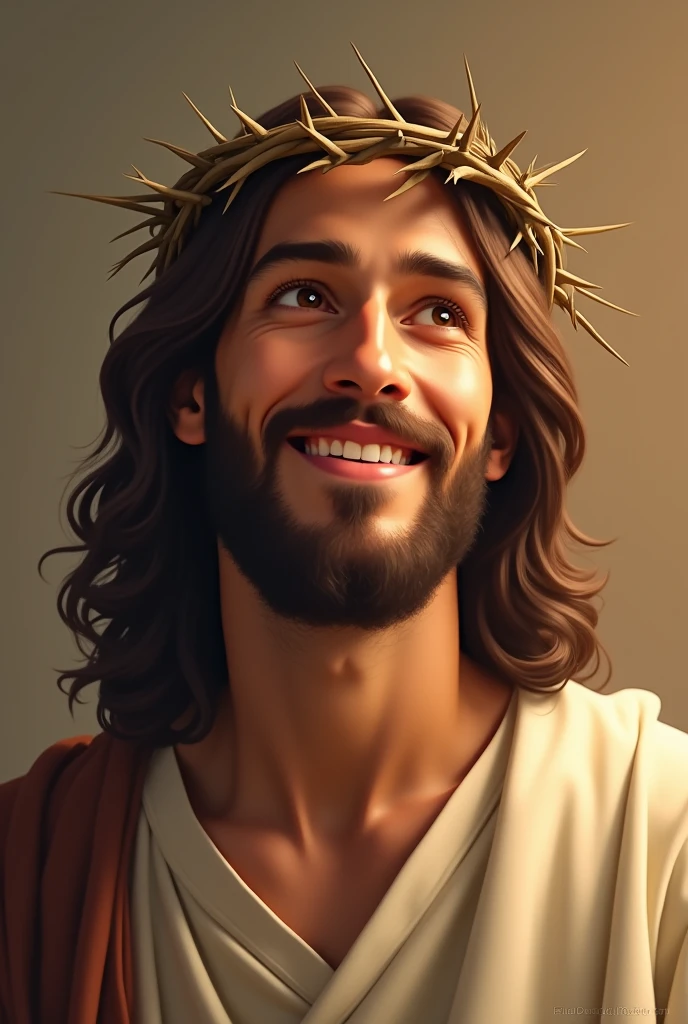 A serene image of Jesus Christ with a crown of thorns on His head. He is depicted with a peaceful and gentle smile, radiating compassion and warmth. The background is soft, with warm tones that highlight His expression of kindness. His eyes are soft and inviting, conveying a deep sense of love and understanding. The lighting emphasizes the gentle features of His face, creating a calm and comforting atmosphere. The crown of thorns is delicately placed, with small shadows that enhance the depth and realism of the image. Jesus' attire is simple, with a traditional robe that drapes naturally over His shoulders, adding to the overall serene and divine presence.