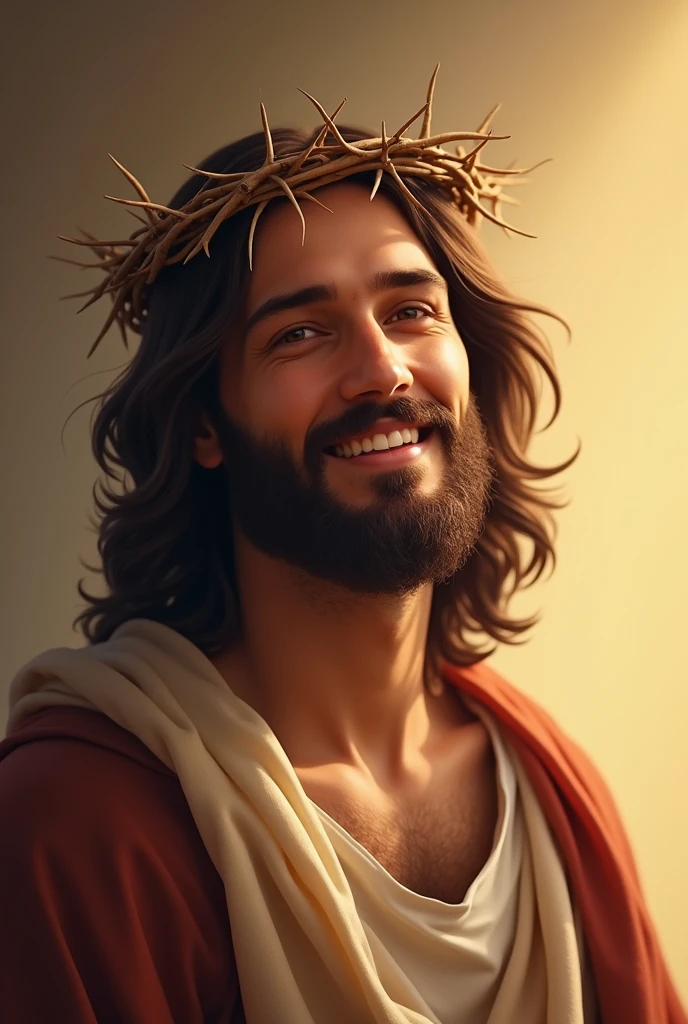 A serene image of Jesus Christ with a crown of thorns on His head. He is depicted with a peaceful and gentle smile, radiating compassion and warmth. The background is soft, with warm tones that highlight His expression of kindness. His eyes are soft and inviting, conveying a deep sense of love and understanding. The lighting emphasizes the gentle features of His face, creating a calm and comforting atmosphere. The crown of thorns is delicately placed, with small shadows that enhance the depth and realism of the image. Jesus' attire is simple, with a traditional robe that drapes naturally over His shoulders, adding to the overall serene and divine presence.