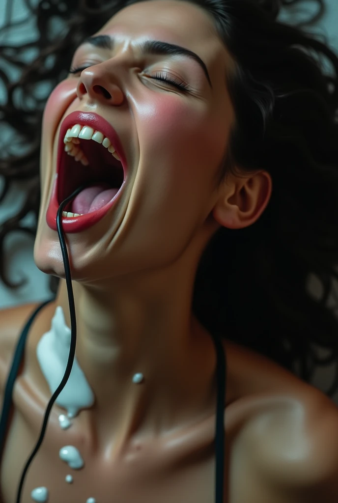 A woman seen from above, just the face and part of his body, kneeling, mouth open feeling great pleasure with orgasm expressions, she has milk splashes on her face, with a thick cable in its mouth